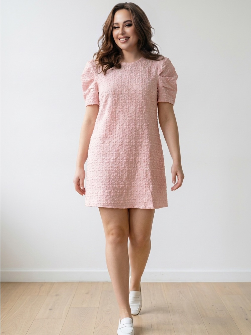 SHEIN Blush Pink Textured Puff-Sleeve Mini Dress